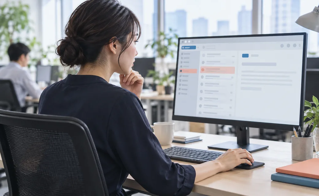 オフィスでメールを開こうとして手を止める社員